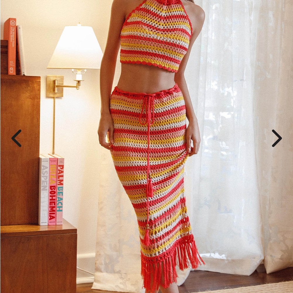 Soul Sister Fringe Hem Crochet Midi Skirt Red